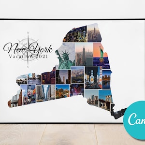 New York Custom USA Photo Collage Gift Map Wall Art, New York USA Custom Wedding Anniversary, New York US Vacation Editable Collage
