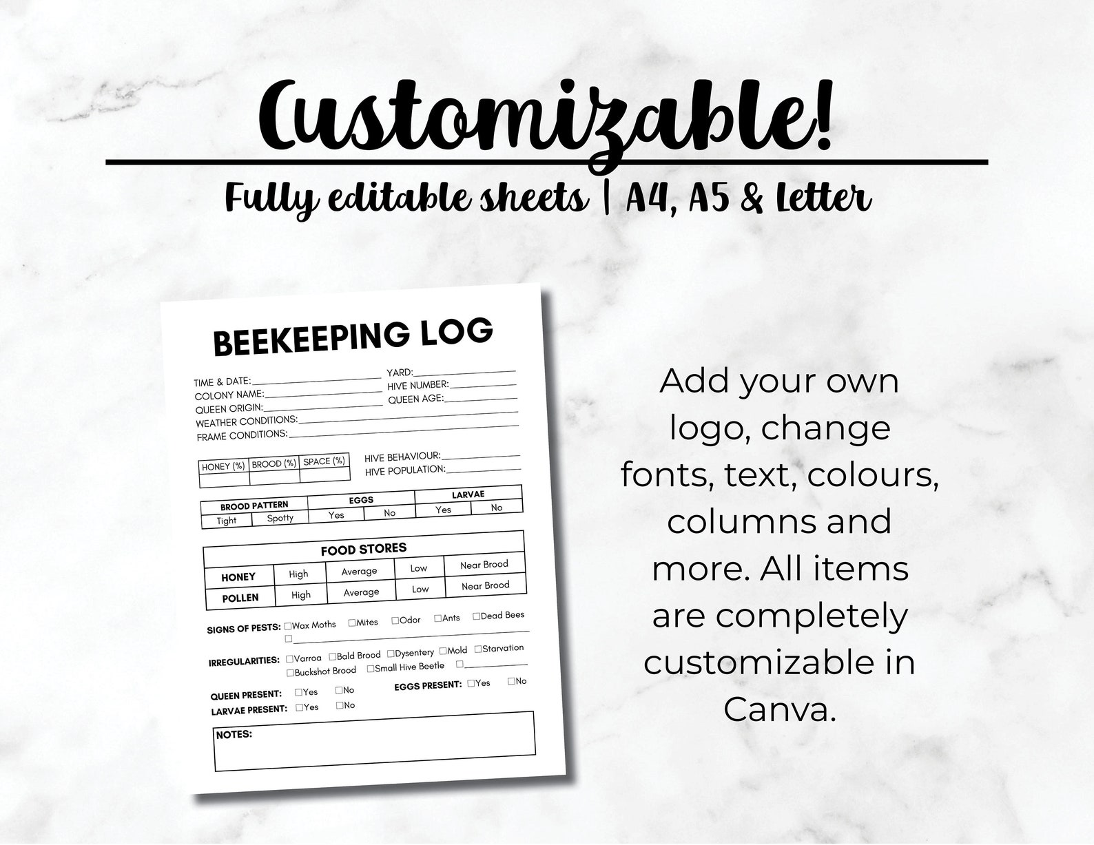 Beekeeping Log Book Template, Beekeeping Inspection Checklist, Beehive ...