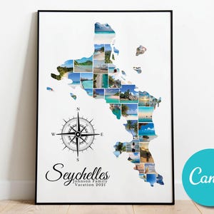 Affiche de collage de photos de voyage de carte des Seychelles, cadeau d'art, cadeau d'anniversaire de mariage, cadeau photo modifiable de collage de vacances aux Seychelles