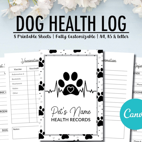 Dog Health Record Vaccine Log Immunization Printable, Customizable Dog Health Log, Dog Pet Vet Planner, Veterinary Visits, Vaccine Logbook