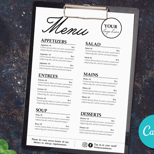 Editable Restaurant Cafe Food Menu Template, Business Menu Template, Editable Food Menu Template, Printable DIY Cafe Menu Template