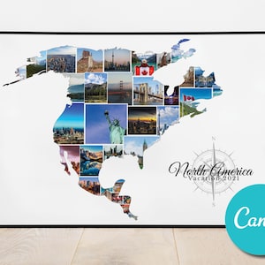 Carte de l’Amérique du Nord personnalisée, collage de photos personnalisé, cadeau d’anniversaire de mariage, cadeau photo de collage modifiable de vacances en Amérique du Nord, États-Unis