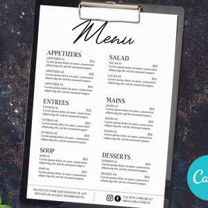 Editable Restaurant Cafe Food Menu Template, Business Menu Template, Editable Food Menu Template, Printable DIY Cafe Menu Template