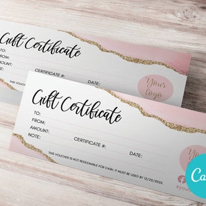 Plantilla de certificado de regalo editable DIY en color rosa, plantilla de vale de regalo, certificado de regalo moderno, vale de tarjeta de regalo, vale de regalo personalizado DIY