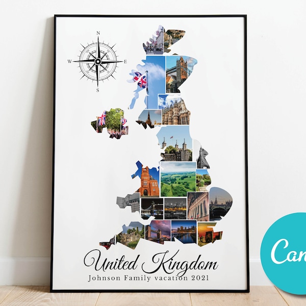 United Kingdom Map Travel Photo Collage Poster Wedding Anniversary Gift, UK Vacation Editable Collage Photo Gift