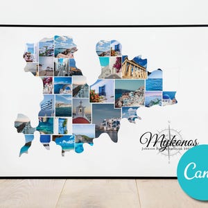 Mykonos Griechenland Karte Personalisierte benutzerdefinierte Fotocollage Jubiläumsgeschenk, Mykonos Griechenland Urlaub bearbeitbare Collage Fotogeschenk