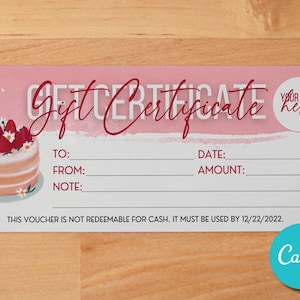 Plantilla de certificado de regalo de panadería editable y personalizada, plantilla de vale de regalo, certificado de regalo moderno, vale de regalo de panadería personalizable y personalizada