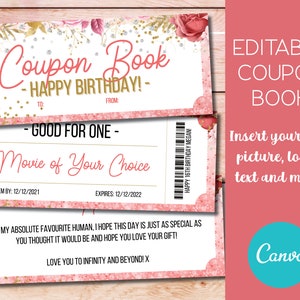Plantilla de libro de amor de regalo de cupones de vales de cumpleaños editables, libro de cupones imprimible personalizado, regalo de cumpleaños mamá novia marido esposa