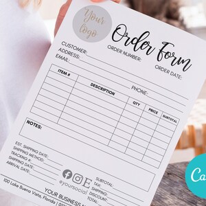 Editable Order Form Custom Template, Printable Purchase Order Form, Printable Invoice Custom Template