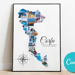 Carte de Corfou, Grèce, collage de photos de voyage, cadeau d'anniversaire de mariage, cadeau photo modifiable de vacances de Corfou, Grèce