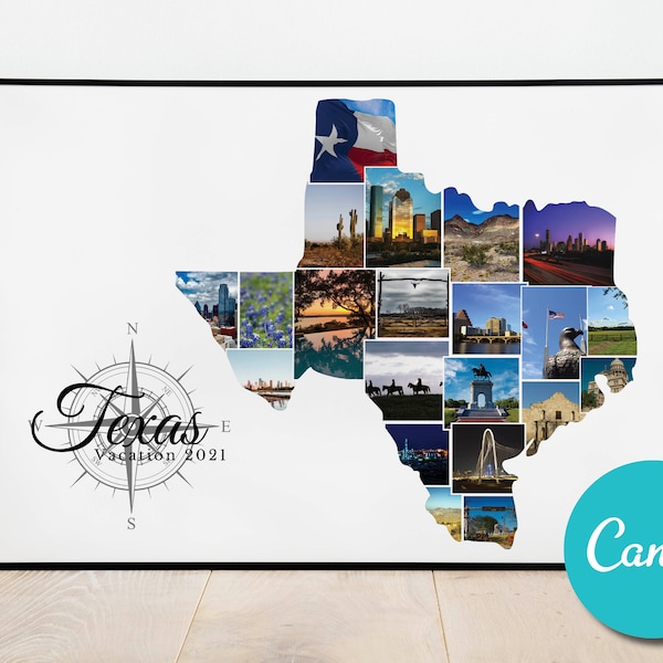 Texas Map Personalized Custom Photo Collage Wedding Anniversary Gift, Texas USA Vacation Editable Collage Photo Gift