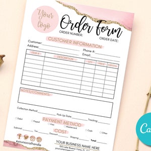 Pink Editable Order Form Custom Template, Printable Purchase Order Form ...
