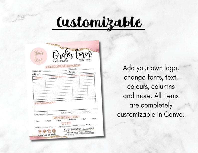 Pink Editable Order Form Custom Template, Printable Purchase Order Form ...