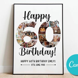 Custom 60th Birthday Photo Collage Gift Poster Number Art, Custom Printable 60th Birthday Photo Collage Art, Anniversary Photo Collage Gift