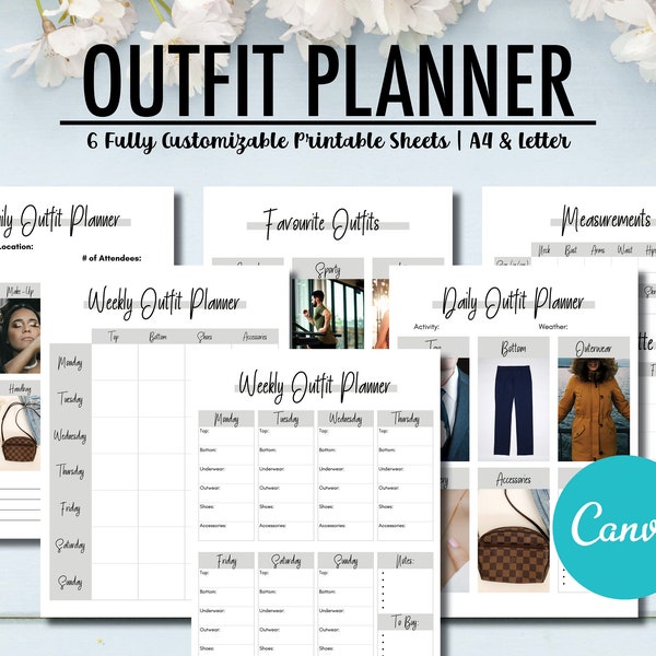 Daily Weekly Outfit Fashion Planner Printable Template, Editable Wardrobe Planner, Measurement Tracker, Wardrobe Outfit Planner Guide Style