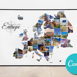 Carte de l'Europe personnalisée, collage photo personnalisé, cadeau d'anniversaire de mariage, cadeau photo modifiable pour les vacances en Europe