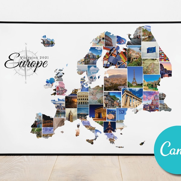 Europe Map Personalized Custom Photo Collage Wedding Anniversary Gift, Europe Vacation Editable Collage Photo Gift