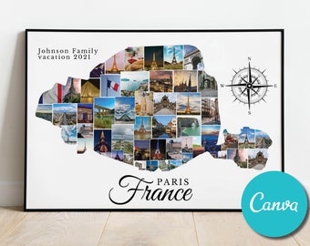 Paris France Map Personalized Custom Photo Collage Anniversary Gift, France Paris Vacation Editable Collage Photo Gift