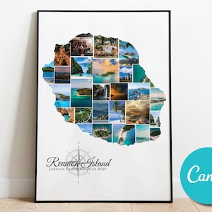 Affiche de collage de photos de voyage carte de l'île de la Réunion, cadeau d'anniversaire de mariage, cadeau photo modifiable de collage de vacances de l'île de la Réunion