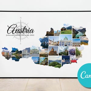 Carte de l'Autriche, cadeau d'anniversaire de collage photo personnalisé, cadeau photo modifiable pour les vacances de l'Autriche