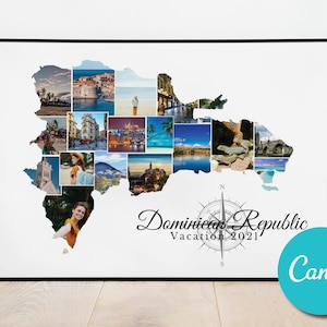 Carte de la République Dominicaine Personnalisée Photo Collage Cadeau Anniversaire de Mariage, République Dominicaine Vacances Editable Collage Photo Cadeau