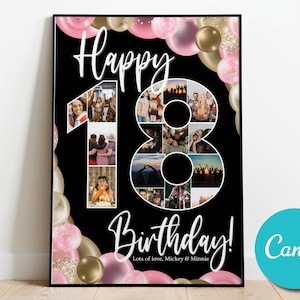 Collage di foto regalo personalizzato per il 18° compleanno, poster con numeri, arte del collage di foto per il 18° compleanno stampabile personalizzato, regalo di collage di foto per l'anniversario