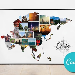 Carte de l’Asie personnalisée, collage de photos personnalisé, cadeau d’anniversaire de mariage, vacances en Asie, collage modifiable, cadeau photo, art de voyage