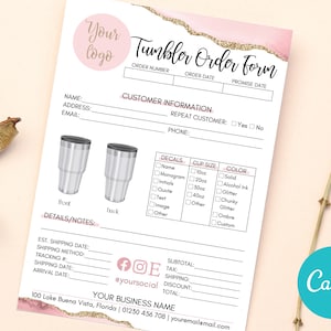 Tumbler Order Form Editable Template, Custom Tumbler Order Form, Craft Order Form, Small Business Forms