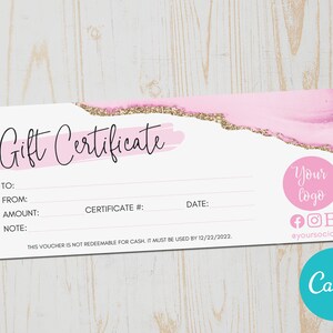 Pink Editable DIY Gift Card Certificate Template, Gift Voucher Template, Modern Gift Certificate, Gift Card Voucher, Custom Gift DIY Voucher