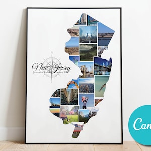 New Jersey Map Photo Collage Custom Template Gift Art Print Wedding, Personalized New Jersey USA Vacation Editable Collage Photo Gift