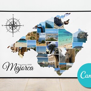 Carte de Majorque, collage photo personnalisé, cadeau d'anniversaire de mariage, cadeau photo modifiable pour les vacances de Majorque