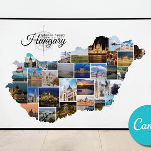 Carte de la Hongrie personnalisée, cadeau d'anniversaire de collage photo personnalisé, cadeau photo modifiable pour les vacances de la Hongrie