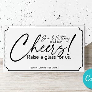 Plantilla editable de boleto de boda con bebidas gratis, cupón de vale, ficha personalizada, plantilla de boda con bebida de vino gratis por nuestra cuenta, cupón de bebida gratis personalizado