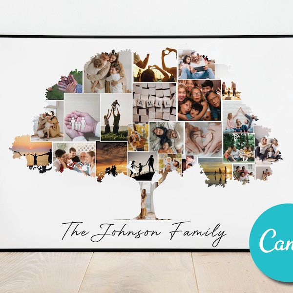 Custom Family Tree Photo Collage Gift Wall Art, Editable Personalized Family Gift Tree Photo