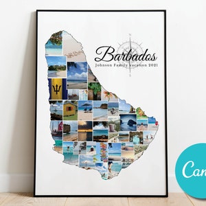 Barbados Karte Reise Foto Collage Hochzeitstag Geschenk, Barbados Urlaub Bearbeitbare Collage Foto Geschenk
