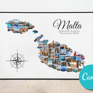 Carte de Malte, collage photo personnalisé, cadeau d'anniversaire de mariage, cadeau photo modifiable pour les vacances à Malte