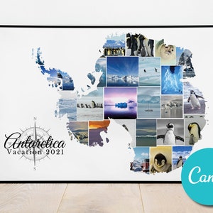 Carte de l'Antarctique personnalisée Collage photo personnalisé, cadeau d'anniversaire de mariage, cadeau photo modifiable pour les vacances de l'Antarctique