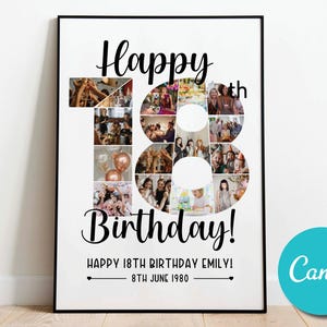 Custom 18th Birthday Photo Collage Gift Poster Number Art, Custom Printable 18th Birthday Photo Collage Art, Anniversary Photo Collage Gift