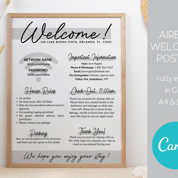 Airbnb Welcome Sign Template, Airbnb Poster Editable Host Info Instructions