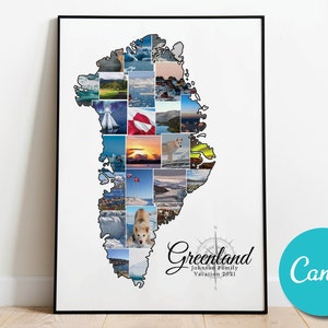 Greenland Map Travel Photo Collage Poster Wedding Anniversary Gift, Greenland Vacation Editable Collage Photo Gift