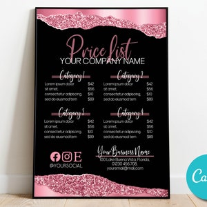Pink Glitter Editable Price List Template, Custom Salon Bakery Price List Template, Menu Template Price Sheet, Printable Menu Price Template