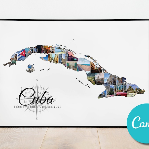 Cuba Map Personalized Custom Photo Collage Gift Wedding Anniversary, Cuba Vacation Editable Collage Photo Gift