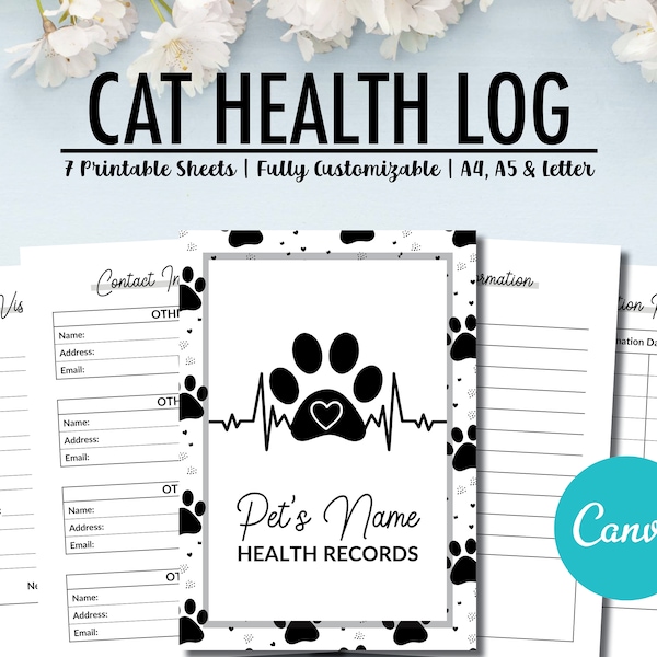 Cat Health Record Vaccine Log Immunization Printable, Customizable Cat Health Log, Cat Pet Vet Planner, Veterinary Visits, Vaccine Logbook