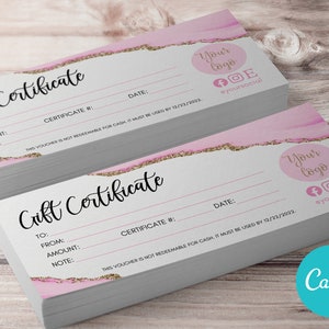 Plantilla de certificado de regalo editable DIY en color rosa, plantilla de vale de regalo, certificado de regalo moderno, vale de tarjeta de regalo, vale de regalo personalizado DIY