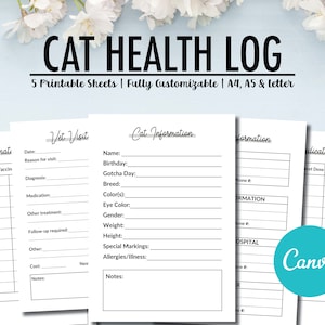 May include: Printable cat health log with five sheets. The sheets include sections for vaccinations, vet visits, cat information, and medication. The sheets are customizable and come in A4, A5, and letter sizes.
