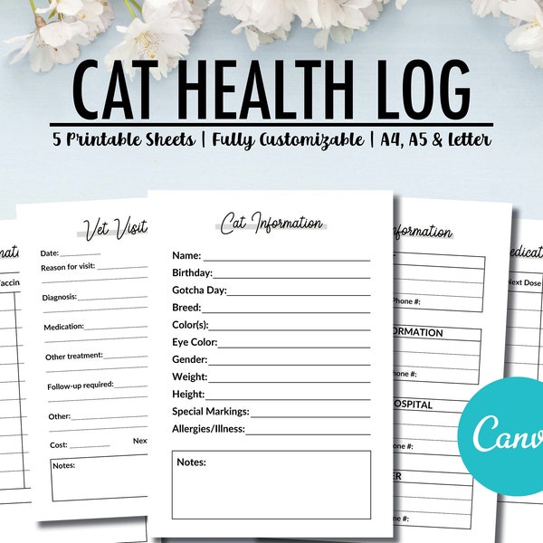 Cat Health Record Vaccine Log Immunization Printable, Customizable Cat Health Log, Cat Pet Vet Planner, Veterinary Visits, Vaccine Logbook