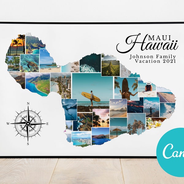 Hawaii Maui Map Personalized Custom Photo Collage Anniversary Gift, Maui Hawaii Vacation Editable Collage Photo Gift