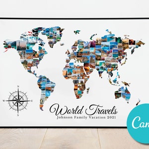 Weltkarte Personalisierte benutzerdefinierte Fotocollage Jubiläumsgeschenk, Welturlaub bearbeitbare Collage Fotogeschenk Europa Australien Hawaii USA Großbritannien