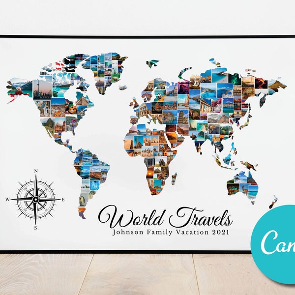 World Map Personalized Custom Photo Collage Anniversary Gift, World Vacation Editable Collage Photo Gift Europe Australia Hawaii USA UK