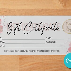 Plantilla de certificado de tarjeta de regalo rosa DIY de panadería editable, plantilla de vale de regalo, certificado de regalo moderno, vale de tarjeta de regalo rosa DIY personalizado